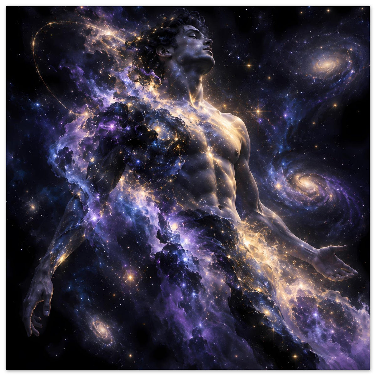 Galaxienposter mit Vollansicht: Menschfigur, violette Nebelwolken und goldene Sternenpfade