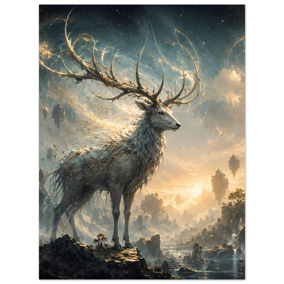 Fantasy-Rehposter mit großem Geweih und blickendem Reh vor düsterem Himmel