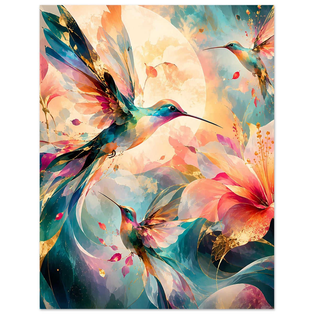 Kunstposter im Hochformat mit zwei Kolibris, kräftigen Blüten und leuchtenden Farben