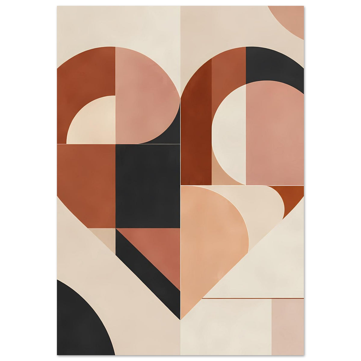Poster-Print mit geometrischem Herz in Terrakotta und Rosa, schwarze Flächen und Linien im Muster