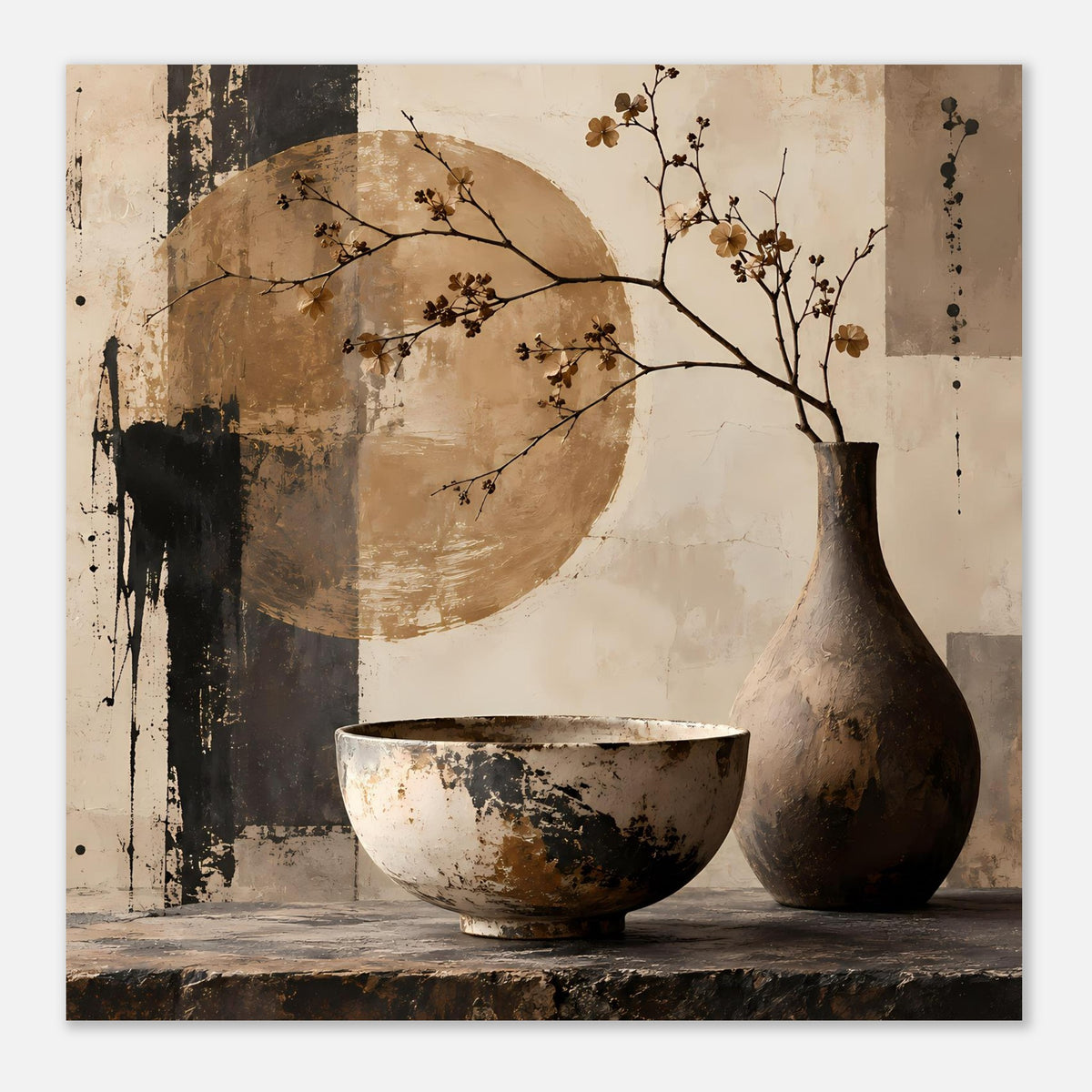 Stillleben-Poster mit Vase rechts, Schale vorn und Ästen mit kleinen Blüten in Braun