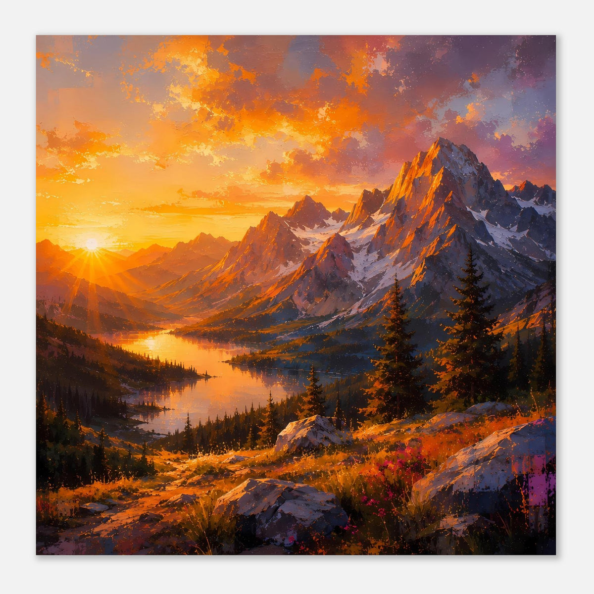 Quadratisches Landschaftsposter mit Sonnenuntergang, Bergen, See und Nadelwald
