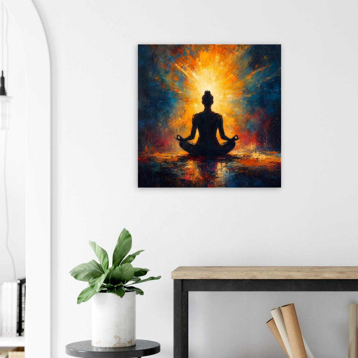 Quadratisches Poster mit Yoga-Silhouette, orange-goldenem Licht und blauem Farbverlauf