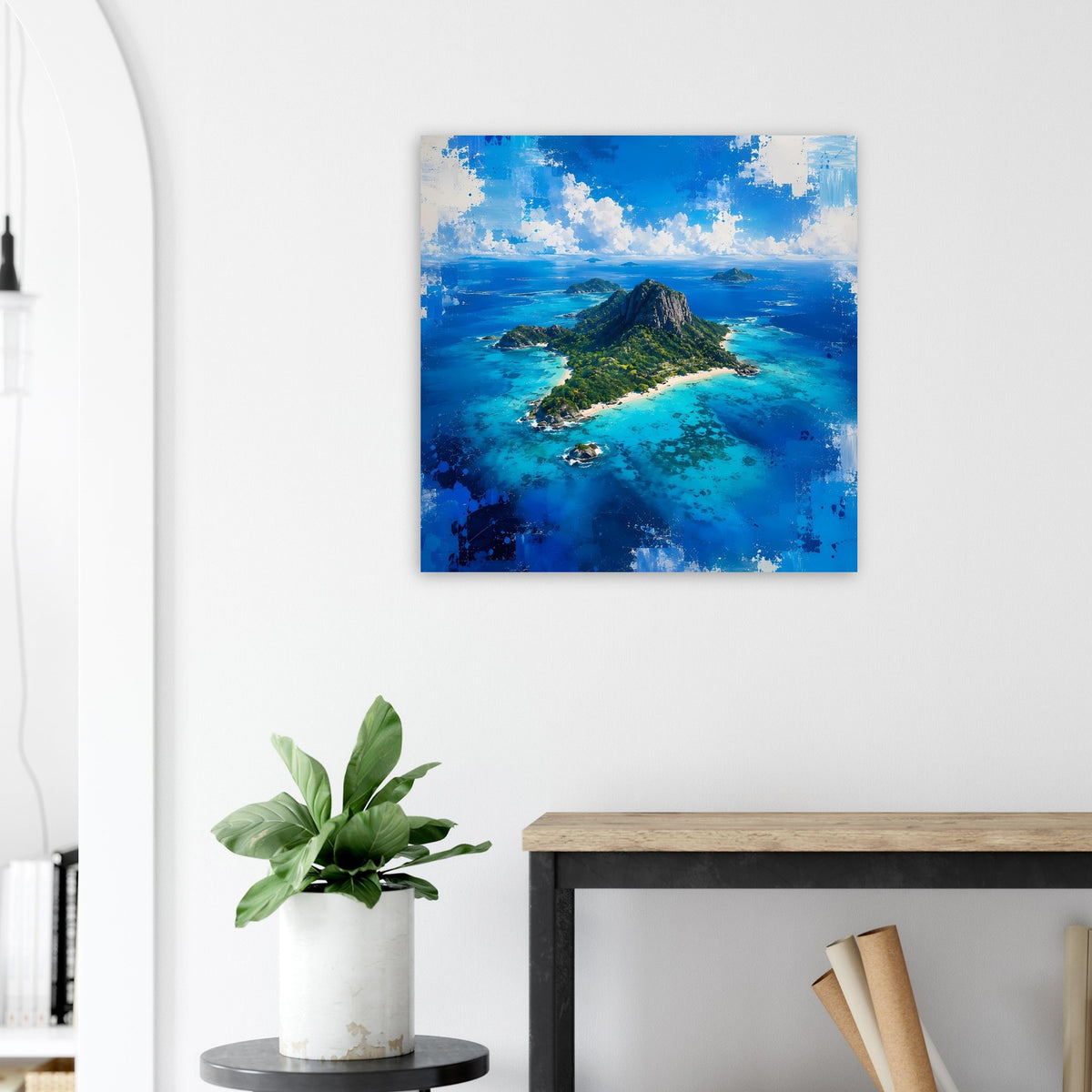 Wandposter mit tropischer Insel und Felsberg über türkisblauem Meer