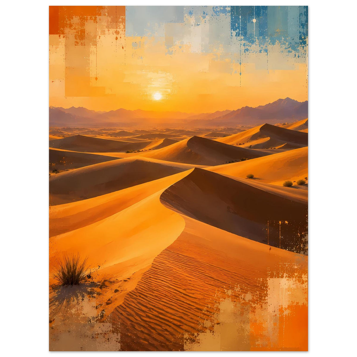 Wüstenlandschafts-Poster, vertikal: Sanddünen mit Sonnenuntergang und entsättigter Farboptik