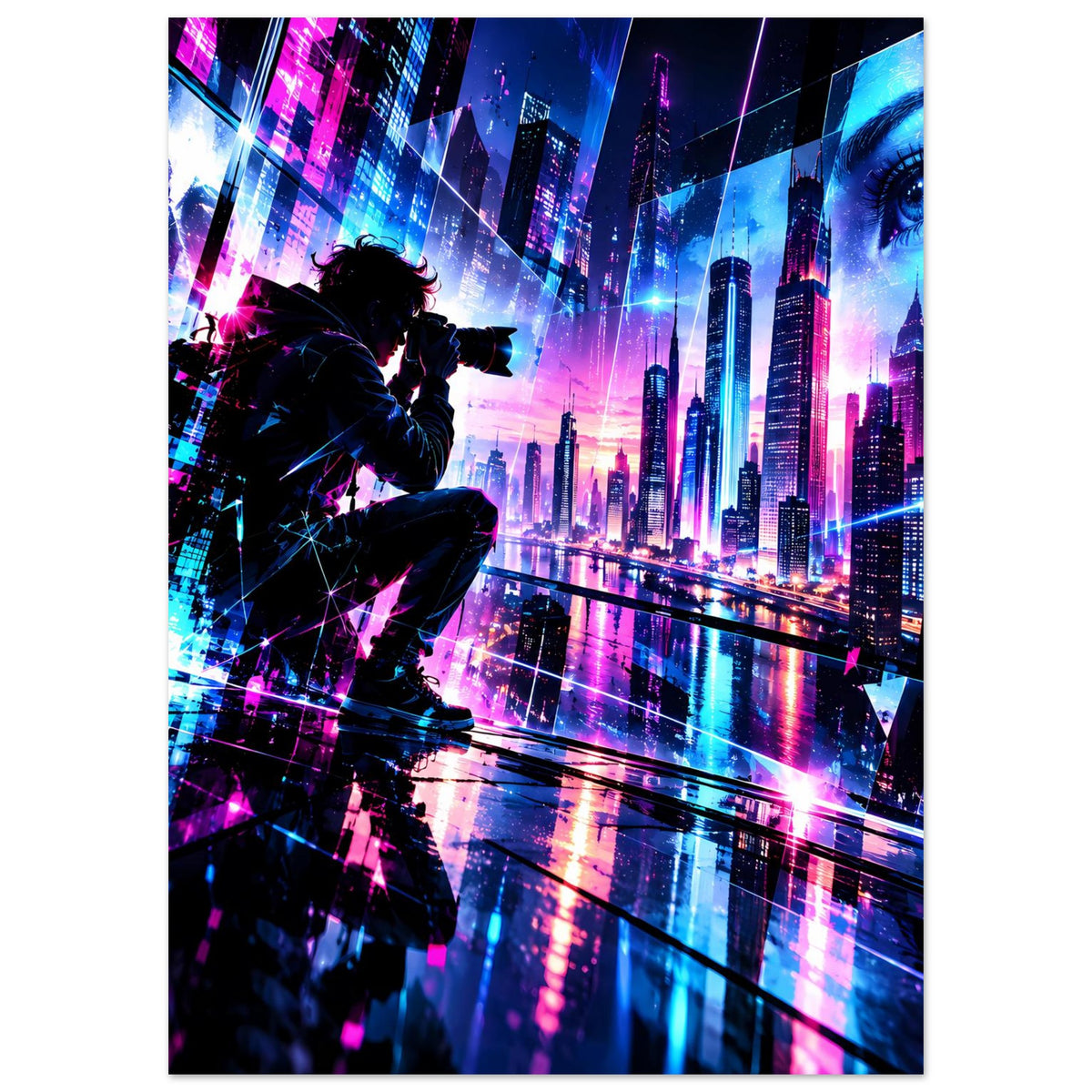Neon-Cyberpunk-Stadtposter mit Blick auf Skyline, sitzende Figur und holografische Linien