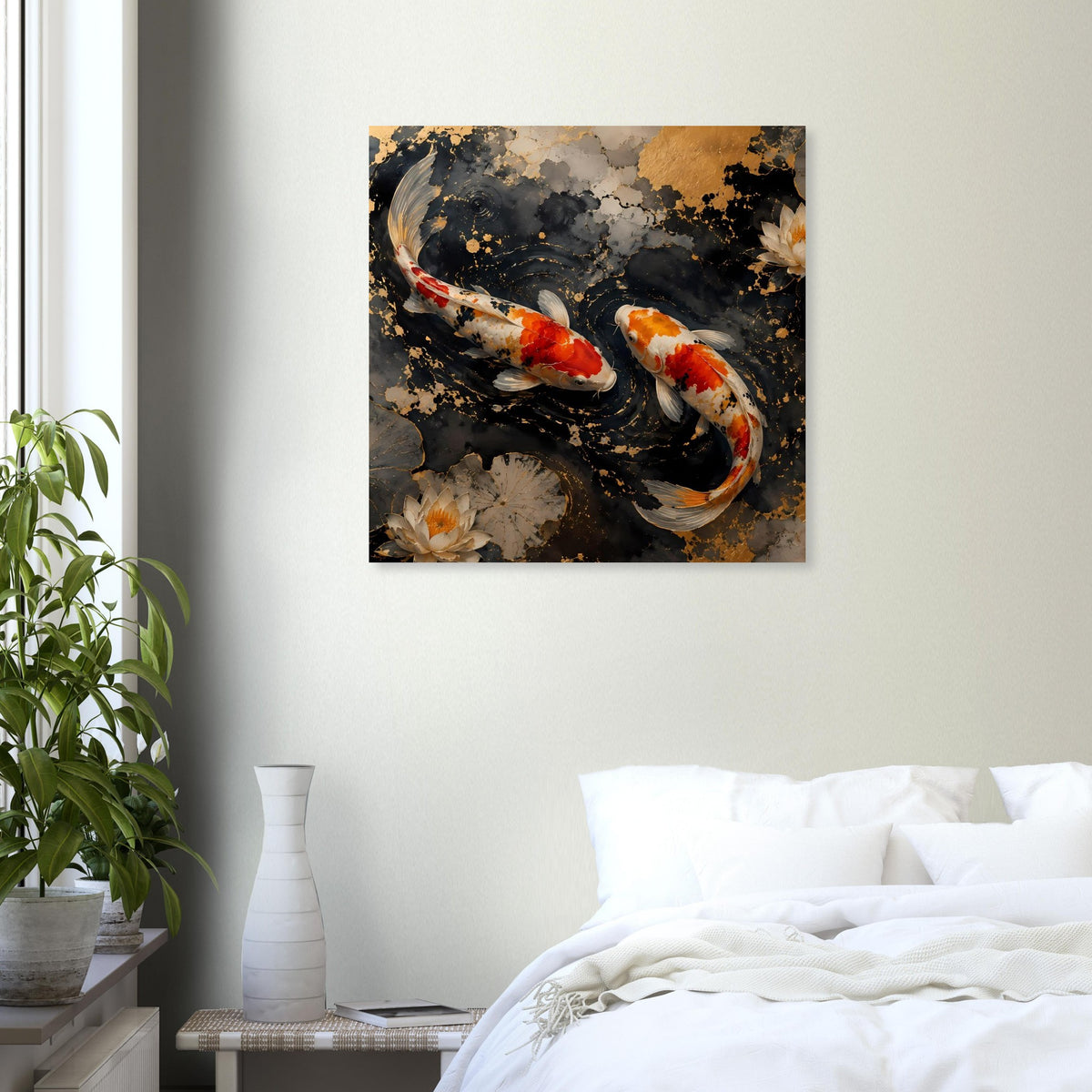 Poster mit zwei Koi im dunklen Wasser, roten/orangen Flecken und Seerosen