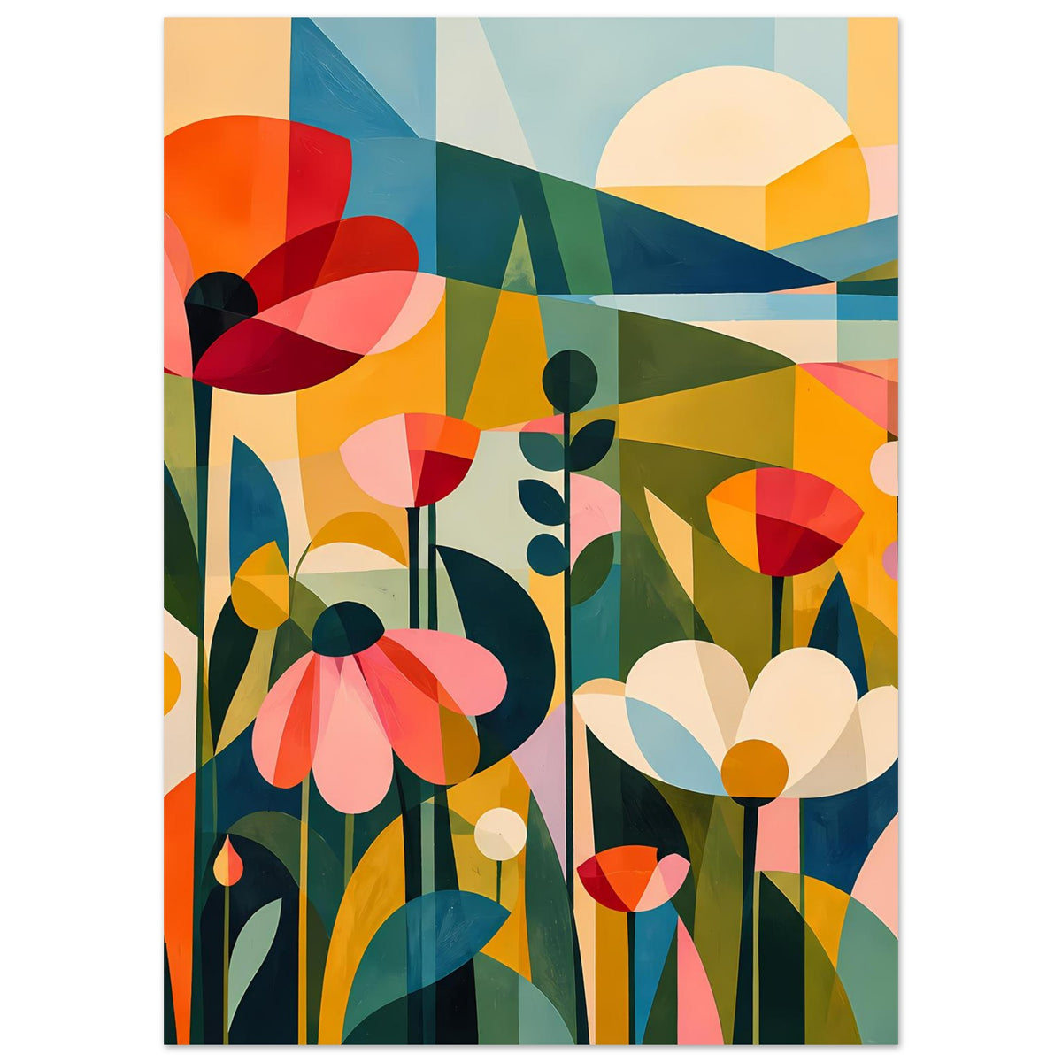 Abstraktes Blumenposter im Hochformat mit großen roten und gelben Blüten vor grünen Blättern