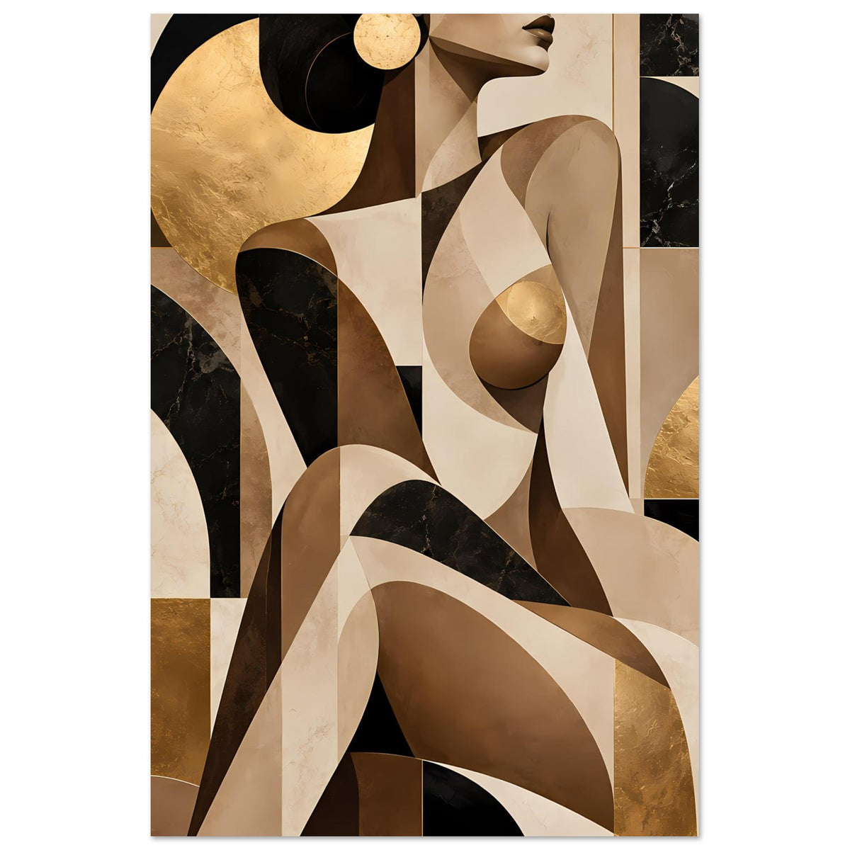 Abstraktes Kunstposter im Hochformat: beige, braune und goldene Flächen mit schwarzen Bögen