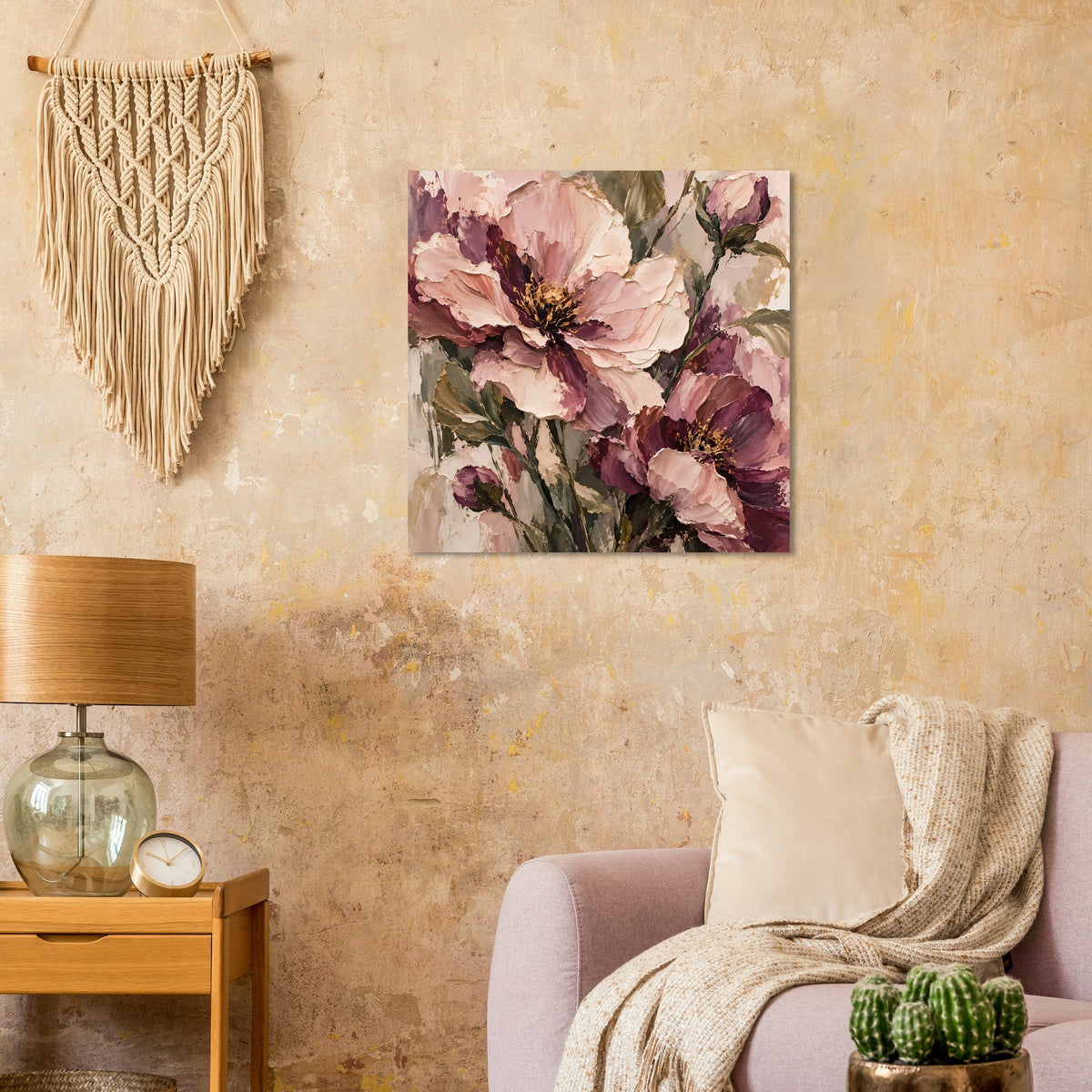 Blumenposter mit großem pink-mauvem Blütenmotiv und grünen Blättern, quadratisch