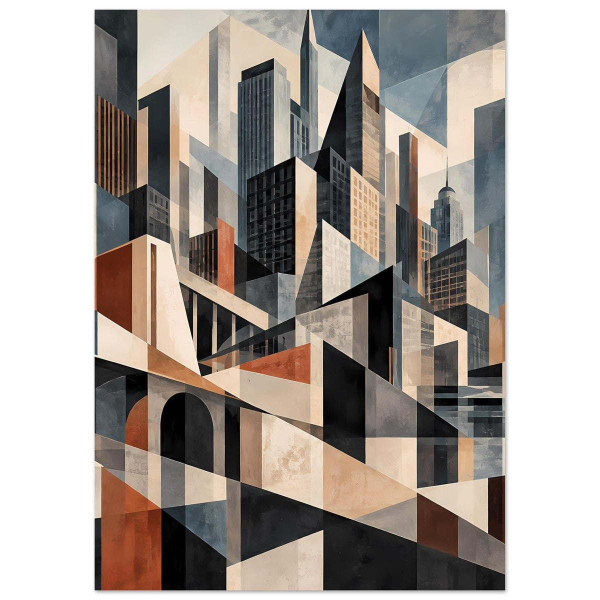 Architekturposter mit geometrischer Stadtansicht, Gebäudespitzen in Blau und Erdtönen