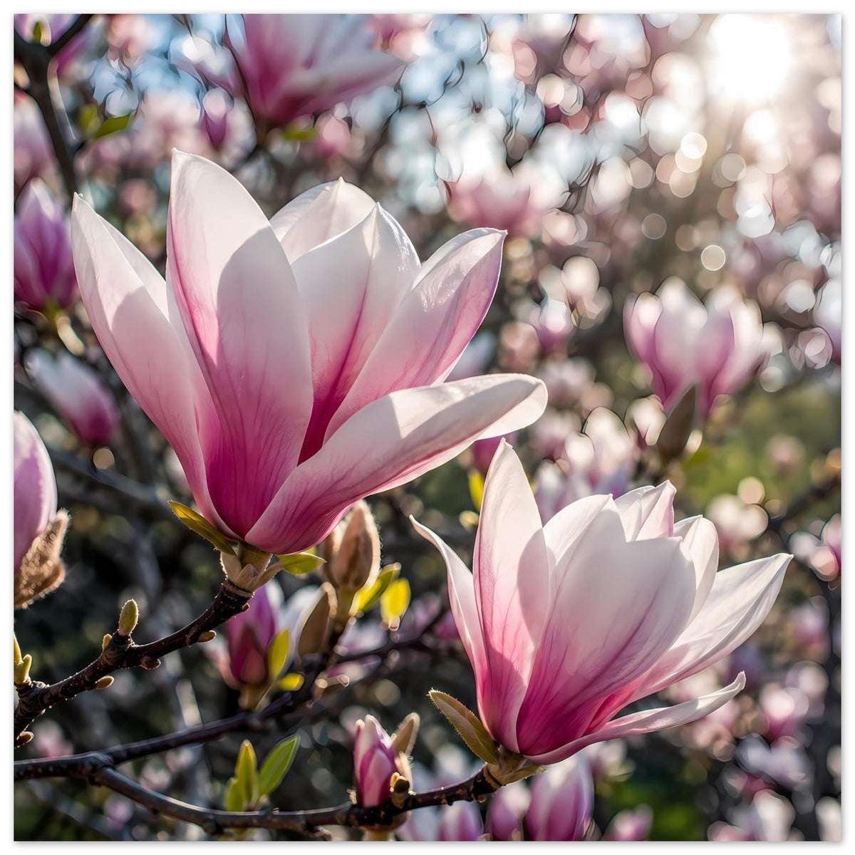 Poster mit rosafarbenen Magnolienblüten auf blühendem Zweig, mehrere Blüten sichtbar
