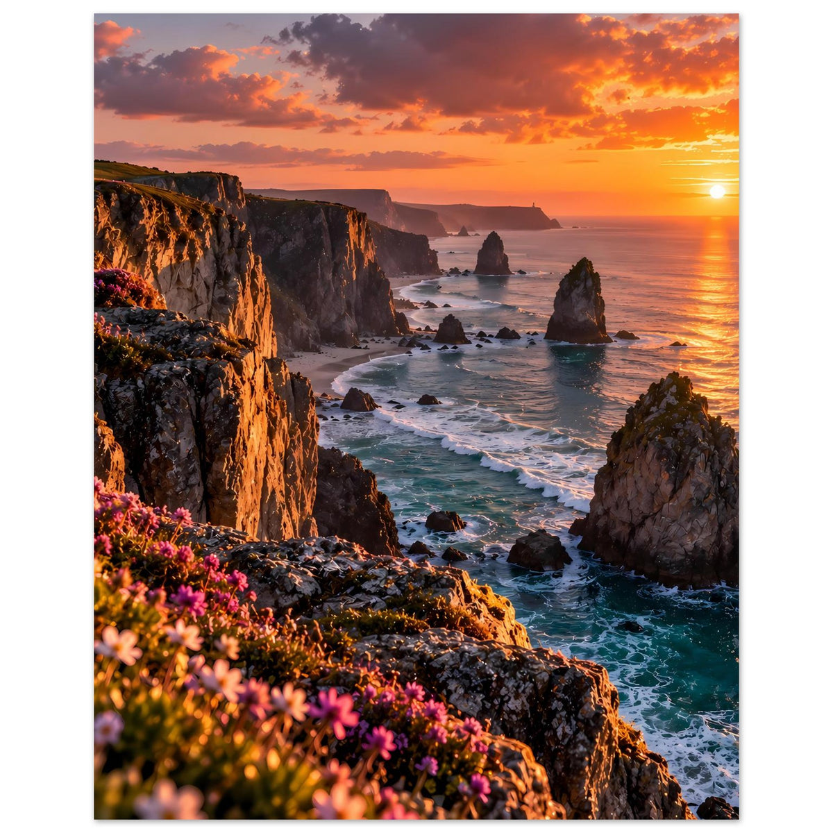Poster mit Steilküste im Sonnenuntergang, Meer und Felseninseln im Vordergrund