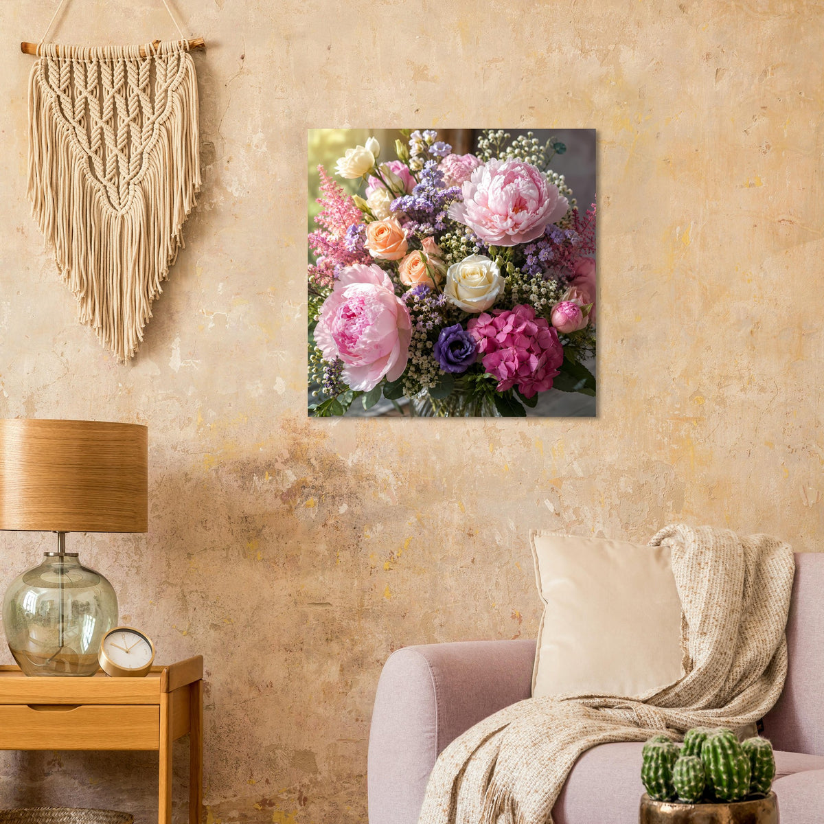 Quadratisches Blumenposter mit Pfingstrosen, Hortensien, Rosen und Beeren in Pastellfarben