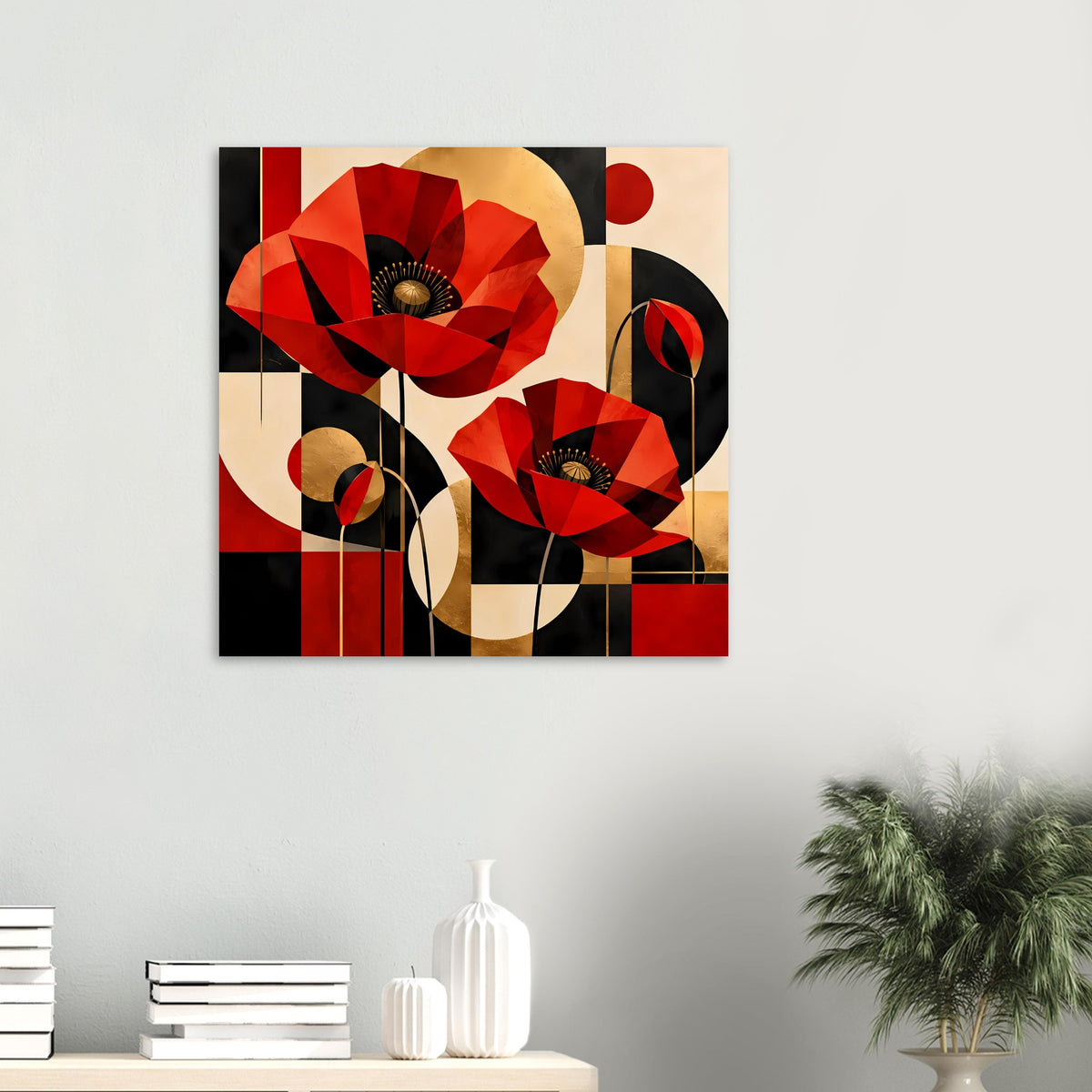 Kunstposter mit abstrakten roten Mohnblumen, goldenen Akzenten und geometrischen Flächen.
