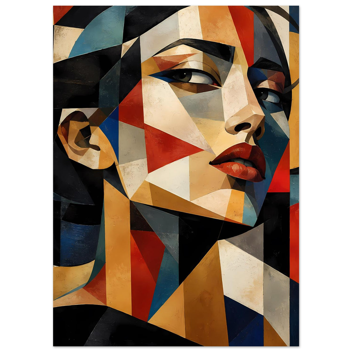 Geometrisches Porträtposter mit kontrastreichem Gesicht, Pastell- und Dunkeltönen, warmes Rot