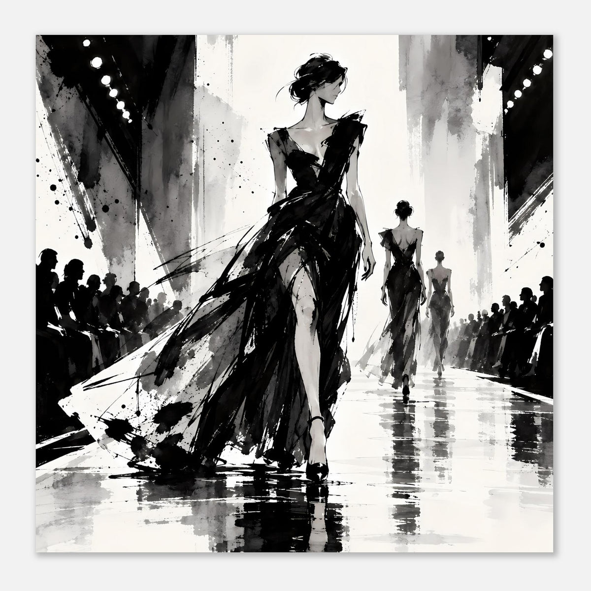 Poster mit Schwarz-Weiß-Fashion-Illustration: zentrale Frau im Abendkleid, zwei kleinere Figuren