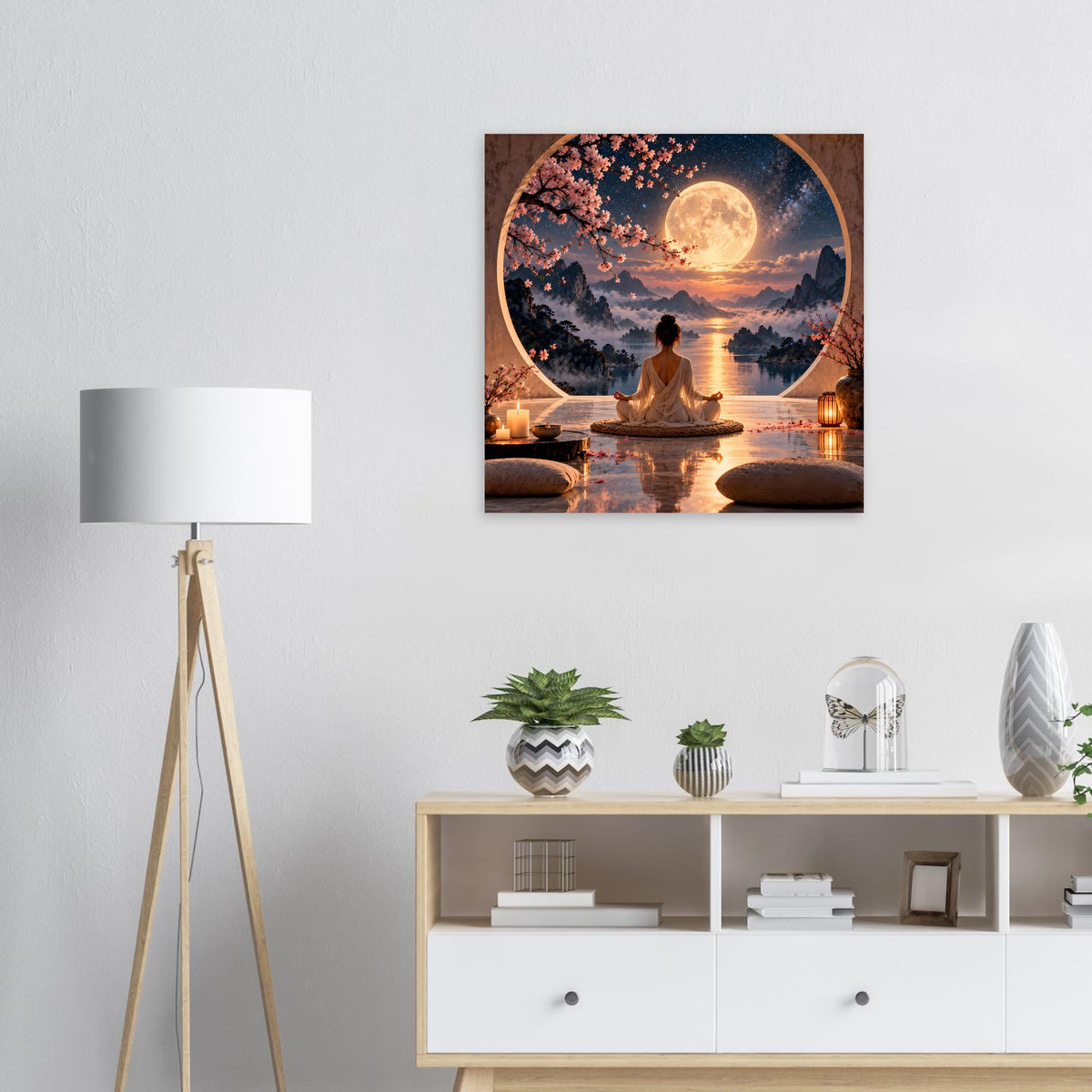 Meditationsposter mit sitzender Person am See, rundem Vollmond und warmen Lichtern.