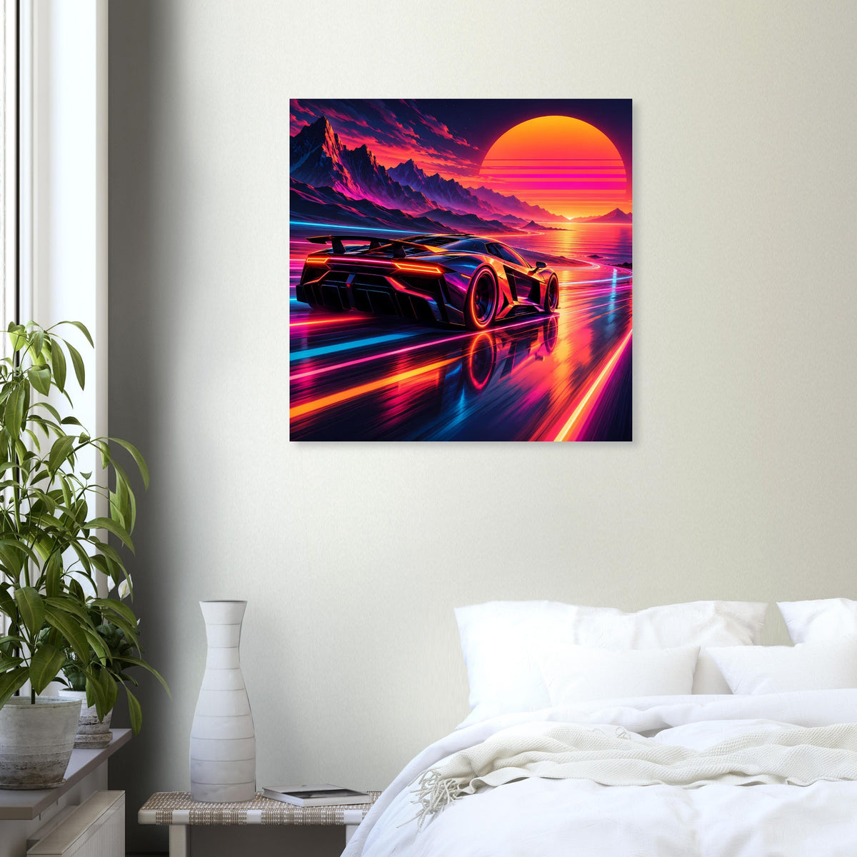 Quadratisches Wandposter: neonfarbenes Supercar vor Sonnenuntergang über dem Meer