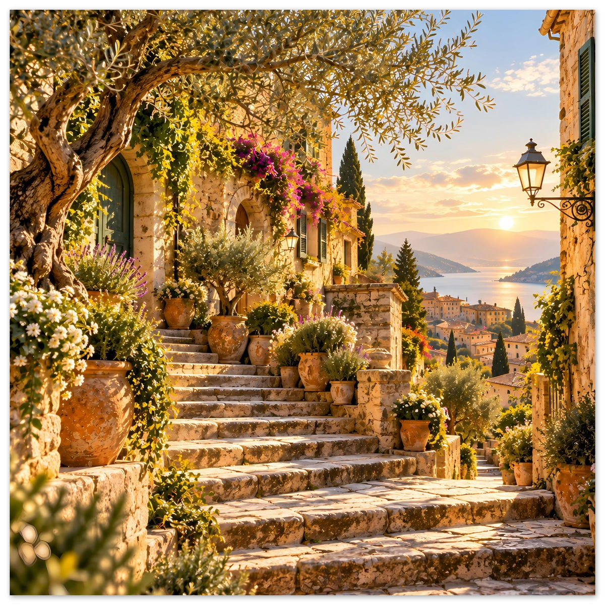 Mediterranes Sonnenuntergangs-Poster mit Treppenstufen und Pflanzkübeln zwischen Mauern