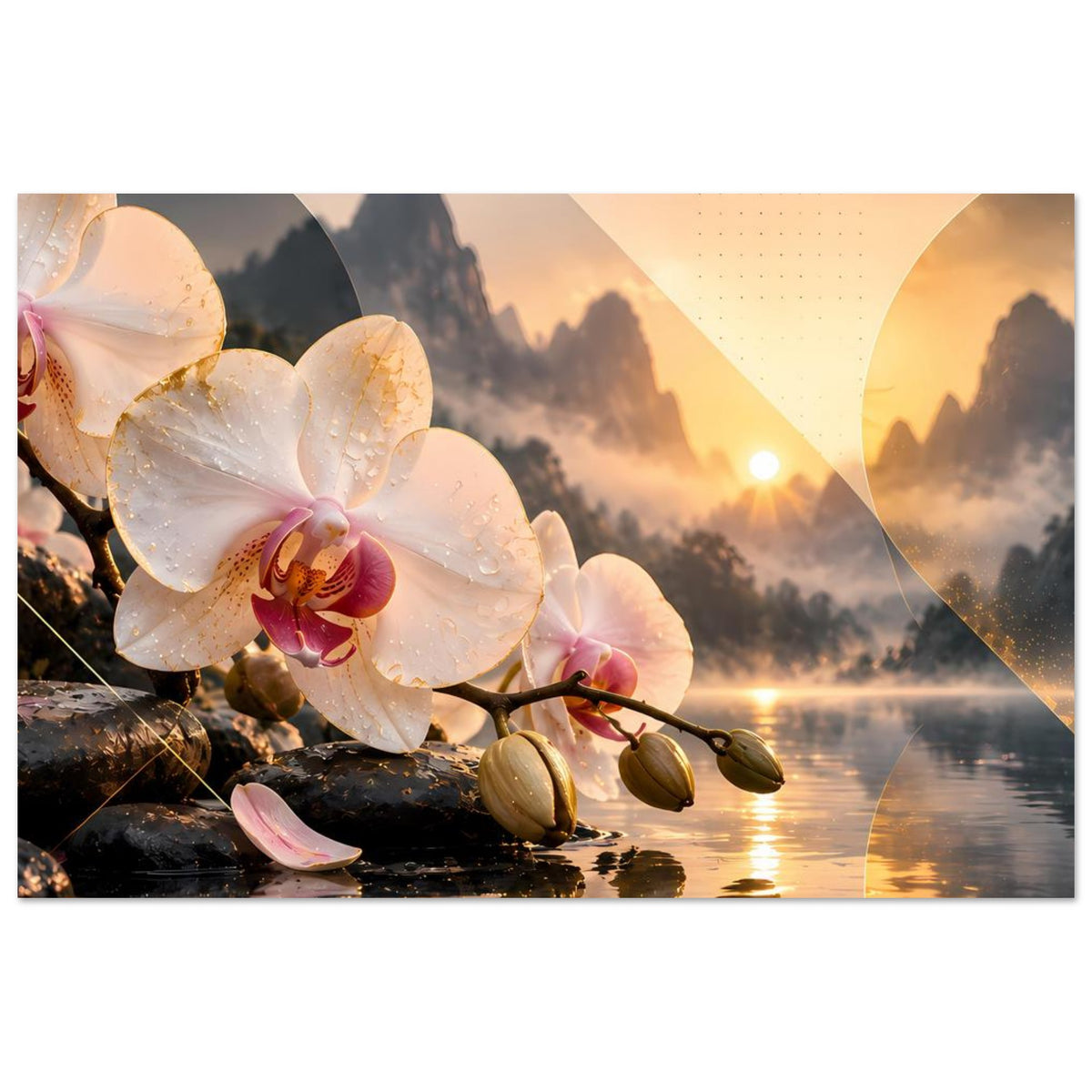 Blumenposter mit weißen Orchideenblüten und reflektierendem See bei goldenem Sonnenuntergang
