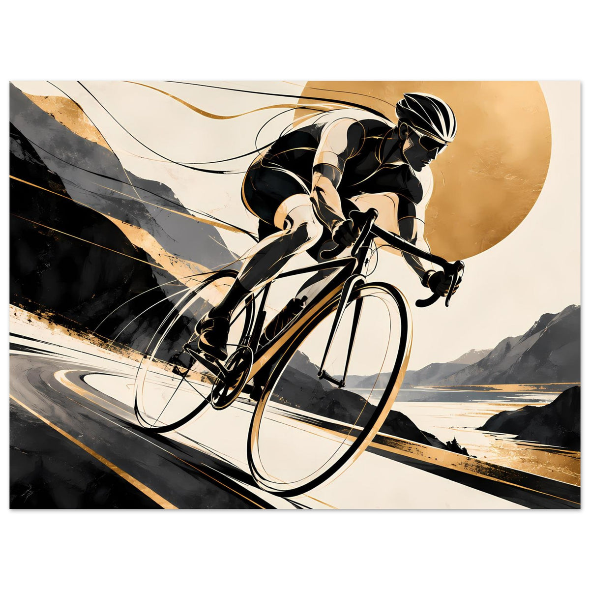 Sportposter im Querformat: dynamischer Radfahrer auf Rennrad, schwarz-goldene Farbflächen