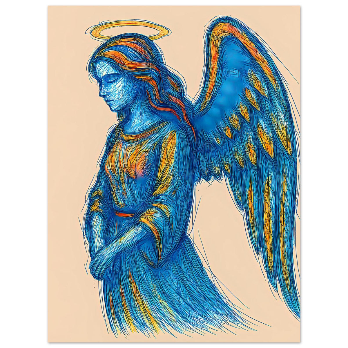 Engelsmotiv-Poster: blauer geflügelter Engel mit goldenem Heiligenschein, Flügel klar betont