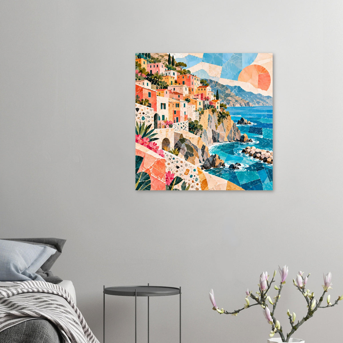 Kleines Poster mit Küstendorf, bunten Häusern, türkisblauem Meer und Felsen