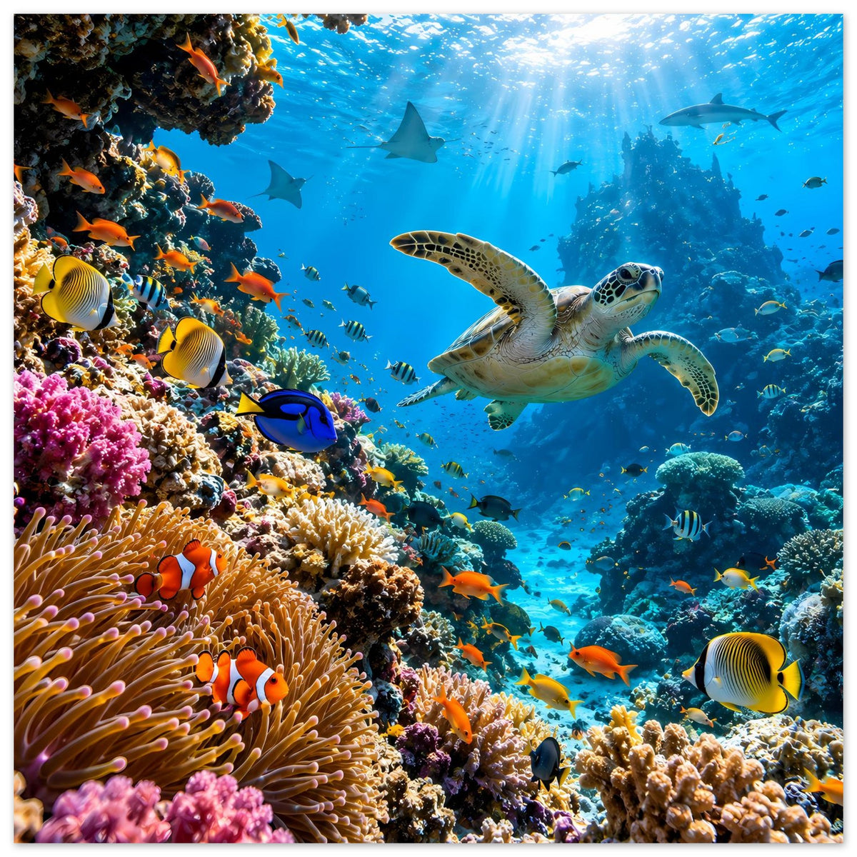 Horizontales Poster Meer mit Korallenriff, Schildkröte und mehreren Fischen im Blau.