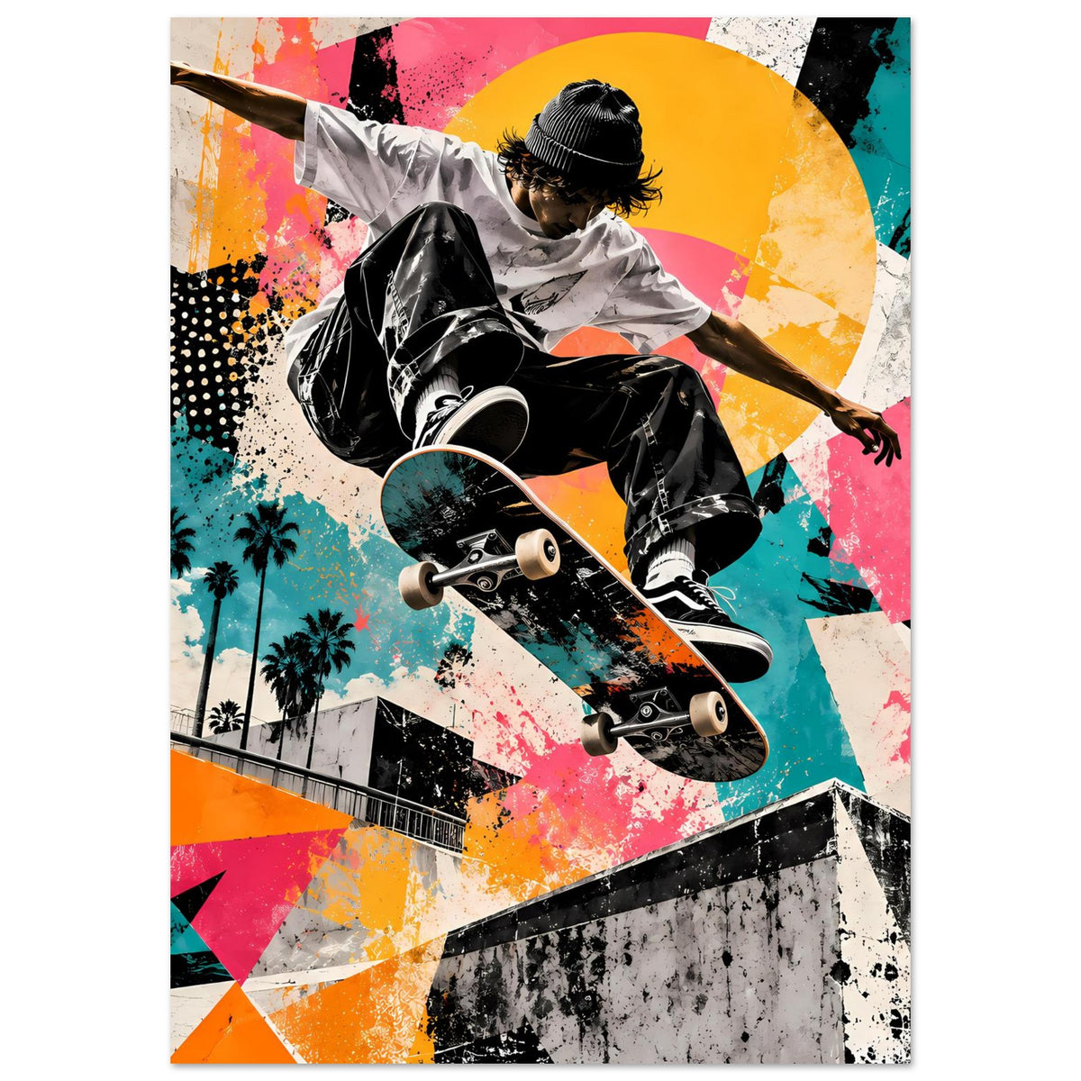 Street-Art-Poster im Hochformat: Skateboarder im Schwarz-Weiß, farbige Spritzer und Formen