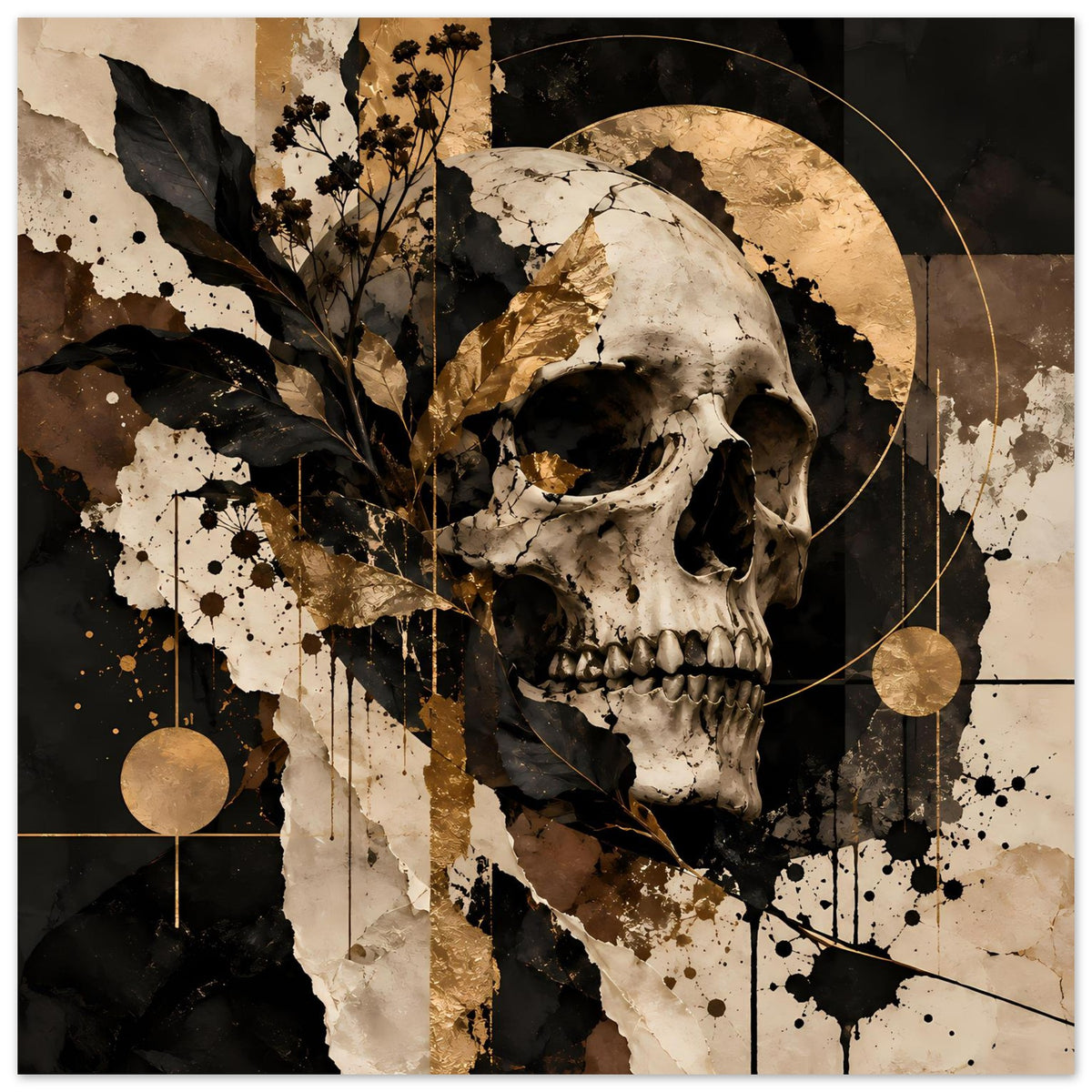 Kunstposter mit gotischem Totenschädel in Schwarz und Gold, goldene Kreise und Linien