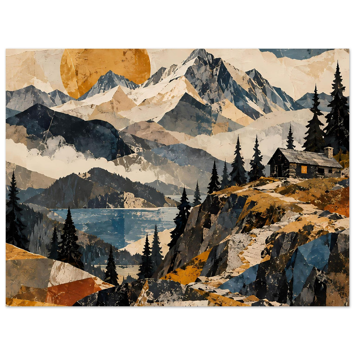 Naturposter mit großer Sonne, verschneiten Bergen, Tannen, See und Hütte