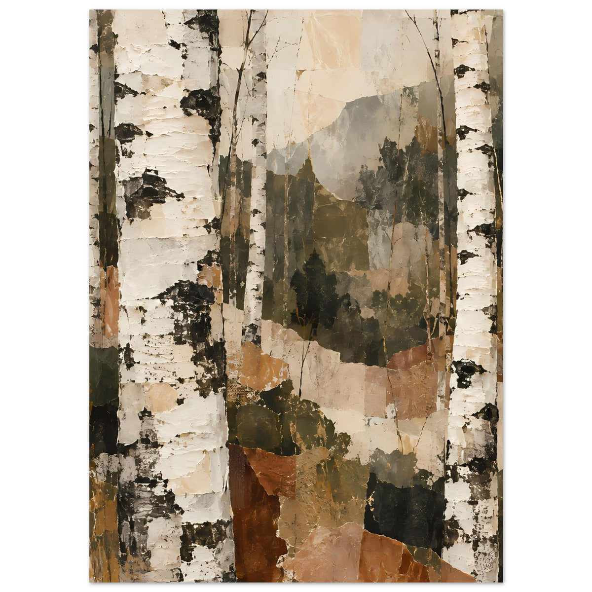 Kunstposter mit Birkenstämmen und abstraktem Waldbereich, helle Weiß- und Beigetöne