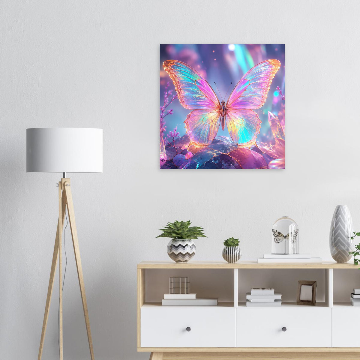 Quadratisches Fantasy-Poster mit Regenbogen-Schmetterling zwischen Kristallen