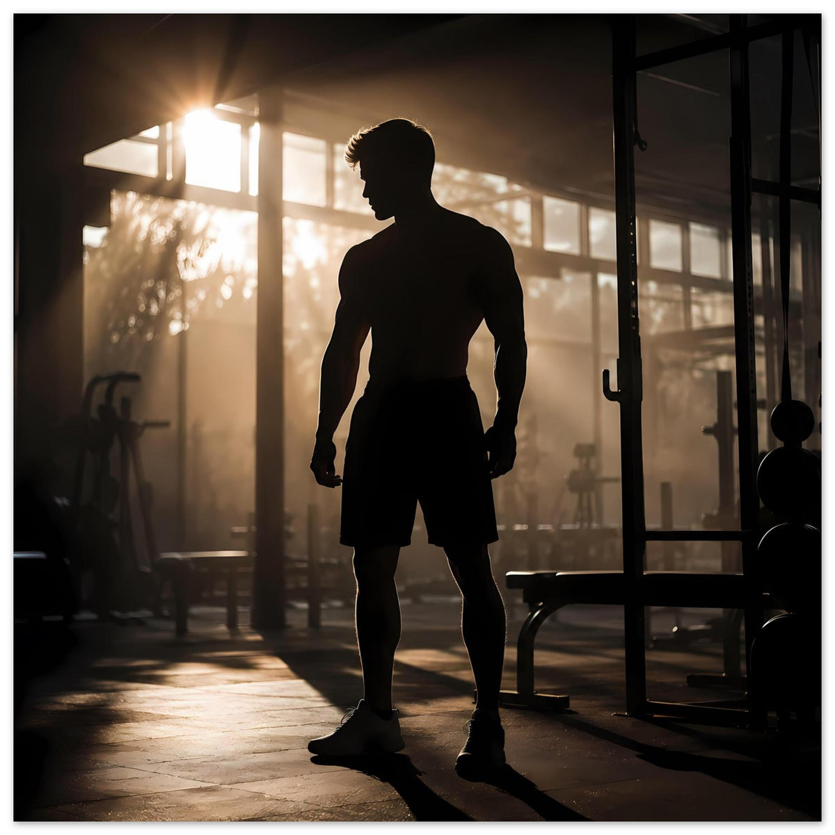Fitness-Poster mit dunkler Sportler-Silhouette im Trainingsraum, Ganzkörperansicht