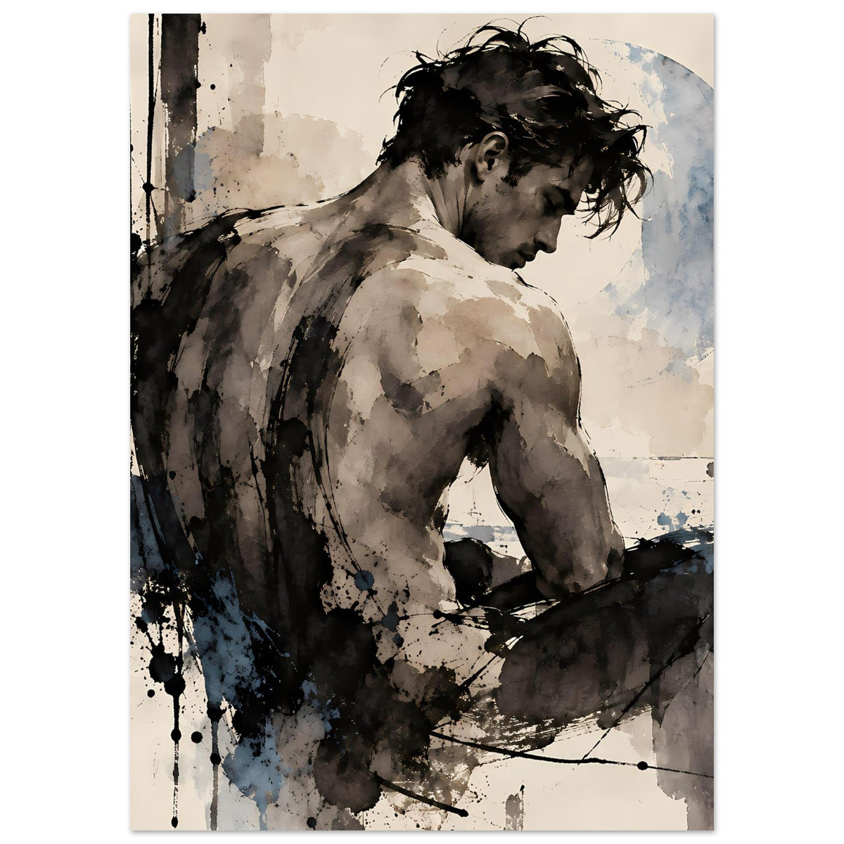 Expressionistische Aktstudie: Rückansicht eines Mannes mit Pinseltextur, Sepia- und Blautöne