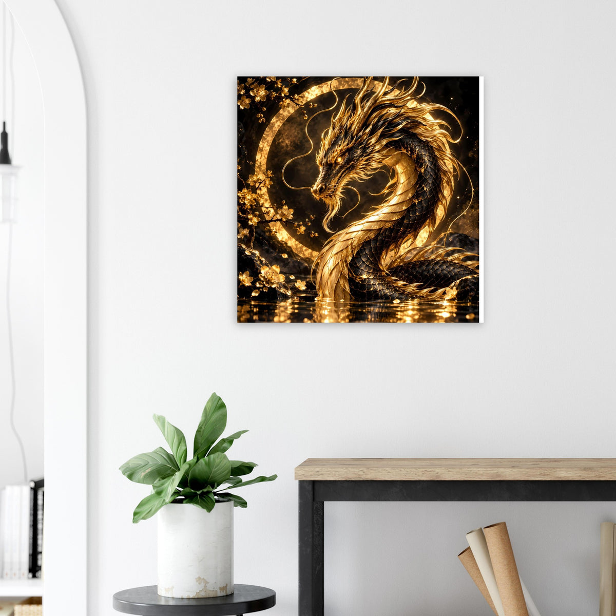 Quadratisches Poster mit goldenem Drachenkopf und -schwanz im Kreis, glänzende Details