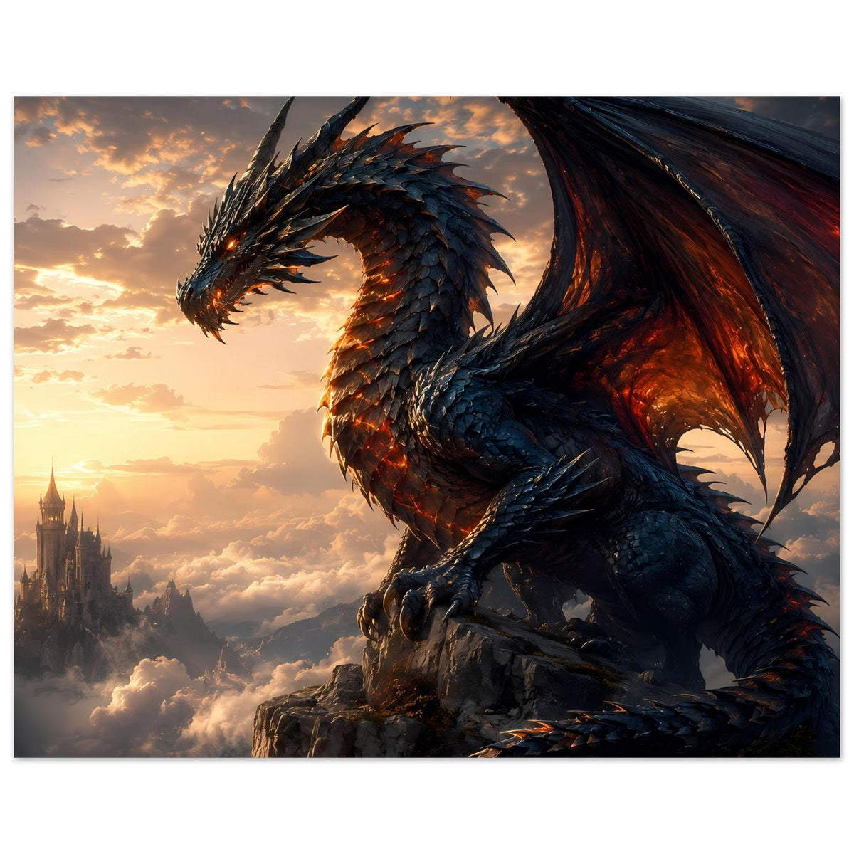 Querformat-Fantasy-Poster mit Drachenflügeln, orange-rotem Glühen im Bildmotiv