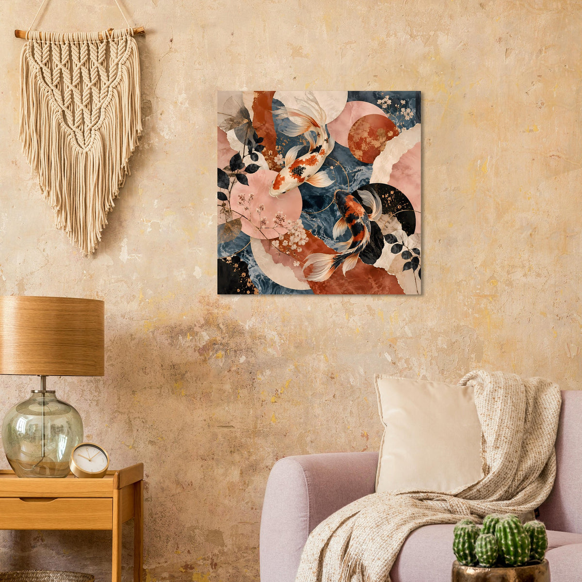 Gerahmtes Koi-Fische-Poster mit abstrakten Koi, Terrakotta, Dunkelblau und Beige, quadratisch