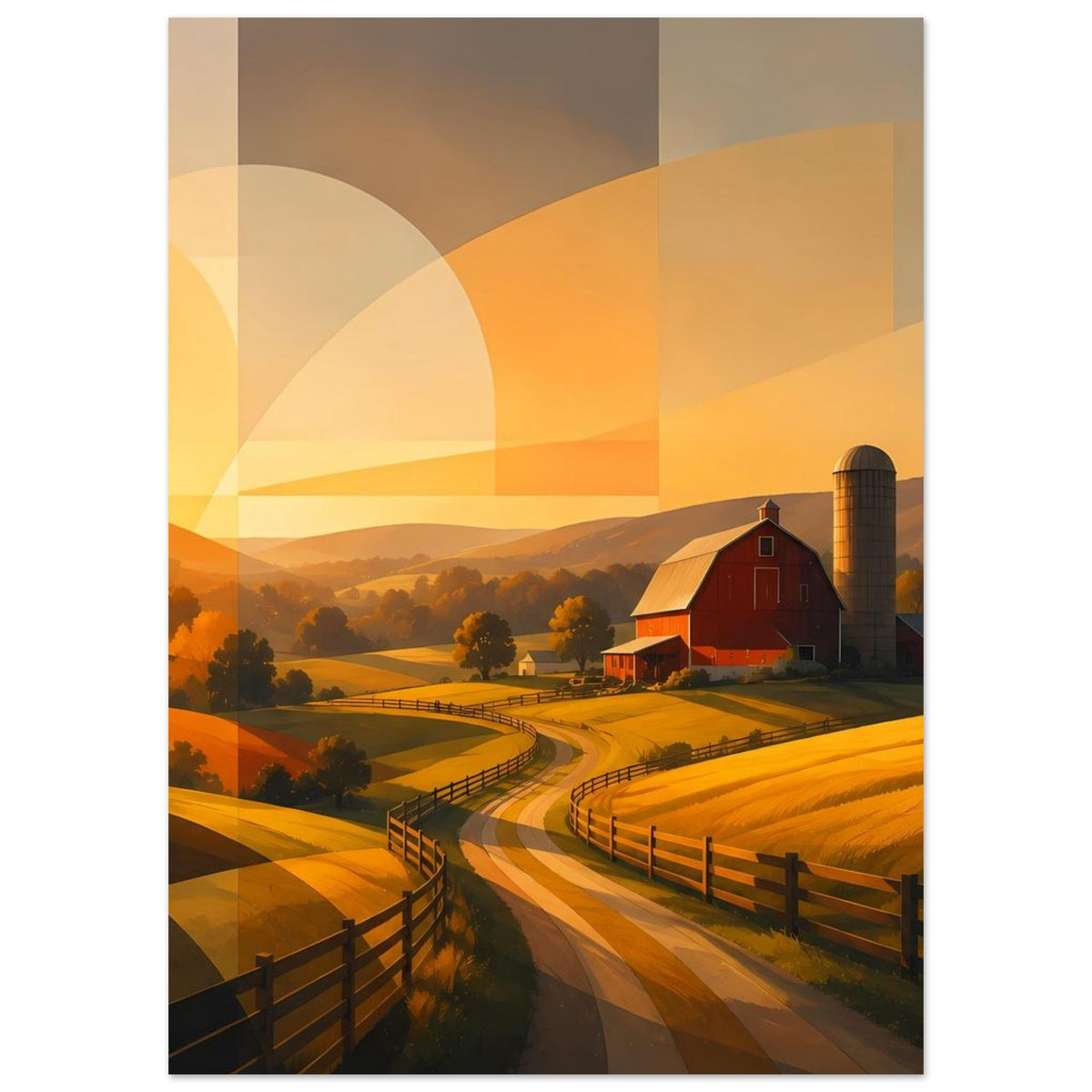 Abstraktes Poster mit gelbem Landschaftsweg, Zaun und roter Scheune neben Siloturm