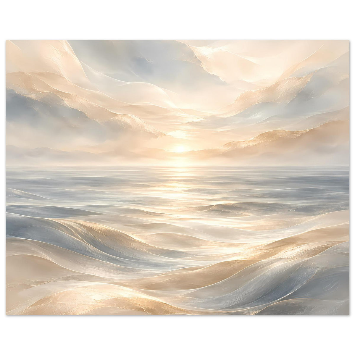 Poster mit abstraktem Ozeanbild, helle Wellenlinien und goldener Sonnenschein