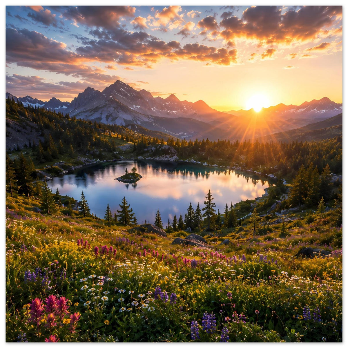 Poster mit Sonnenstrahlen am Horizont, Bergsee und Tannenwald sowie Blumen im Vordergrund