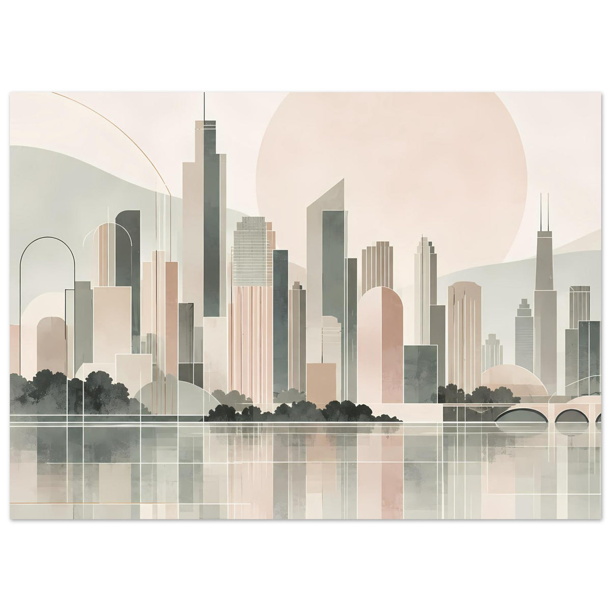Horizontales Stadtposter mit abstrakter Skyline in warmen Pastelltönen und Wasserspiegelung