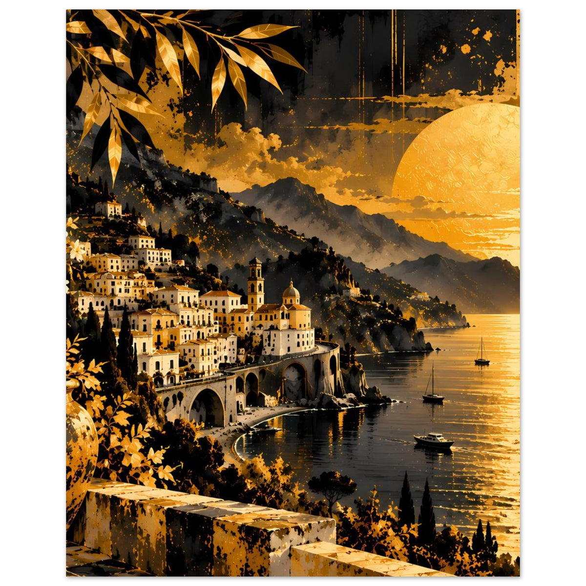 Vertikales Wandposter: Küstendorf am Meer, Bogenbrücke, goldener Sonnenuntergang
