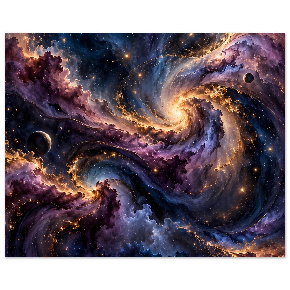 Weltraum-Poster im Querformat mit Spiralnebel, gold-orangenen Lichtwirbeln und Mond