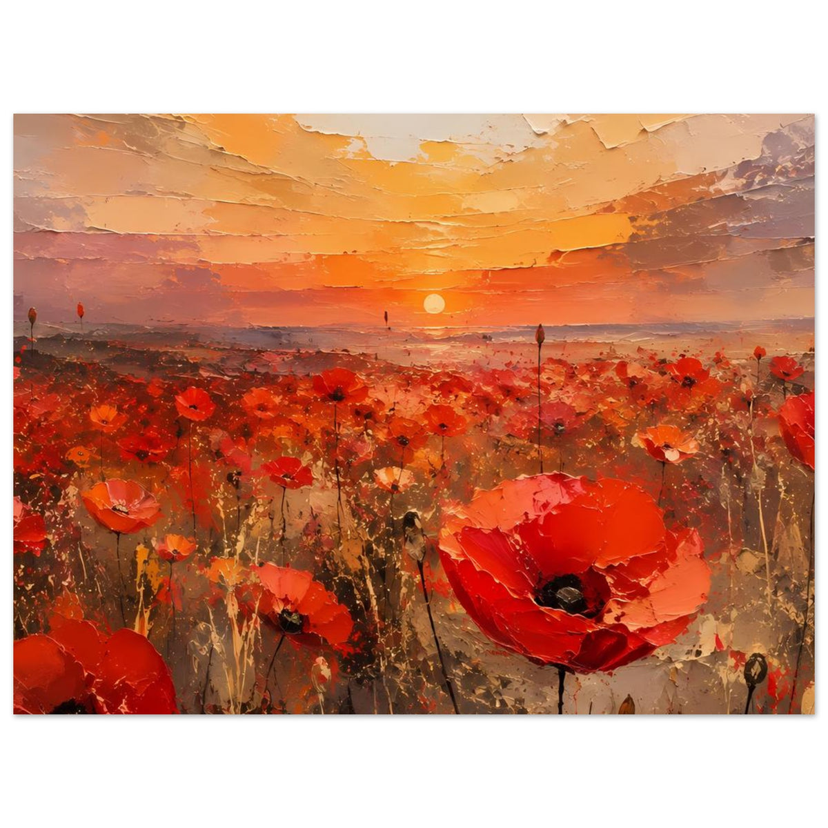 Horizontales Poster mit Mohnblumen und Sonnenuntergang, abstrakte Landschaftsoptik