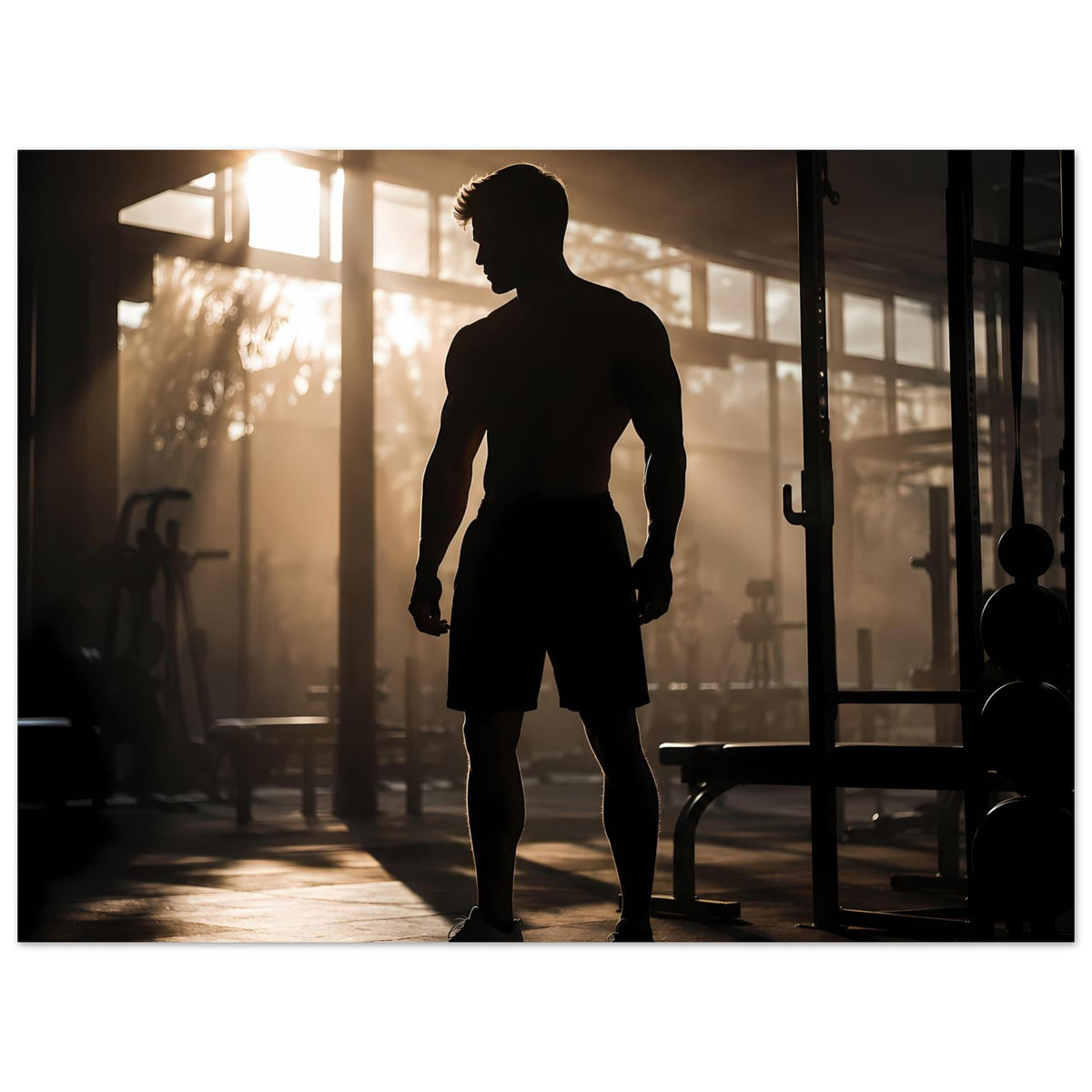 Fitness-Poster: schwarze Sportler-Silhouette im Stand, Ganzkörper in Shorts und Shirt