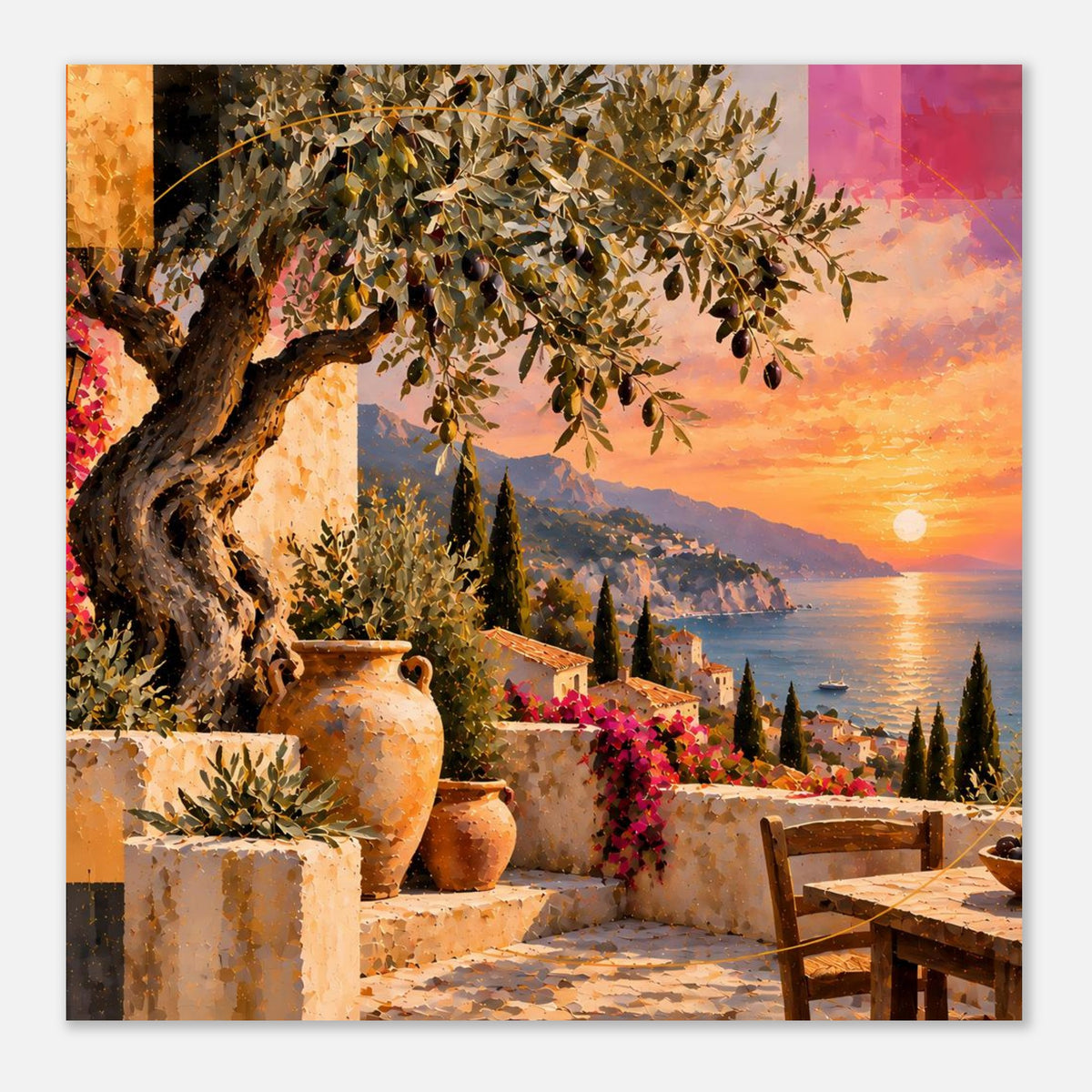 Kunstdruck-Poster im Querformat: Küstenlandschaft bei Sonnenuntergang, Mond, Olivenbaum und Bank