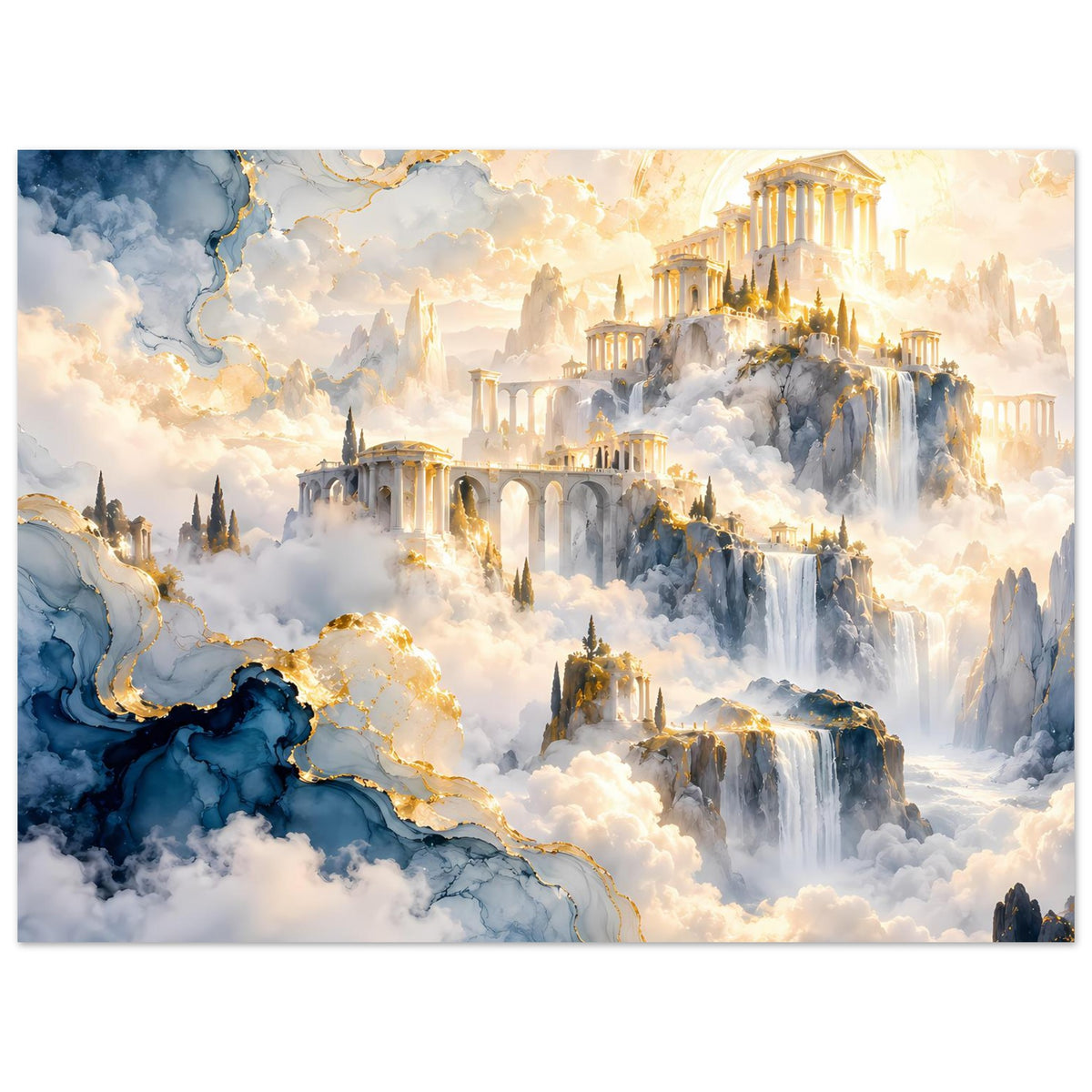 Kunstposter im Querformat mit goldener Tempelstadt, Wasserfällen und blauen Wolkenlandschaften