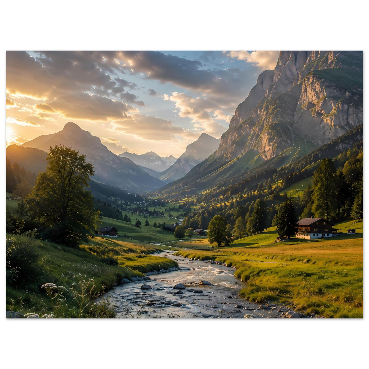 Poster mit Alpenblick im Abendlicht, Bach durch Tal, Berge und Wiesen